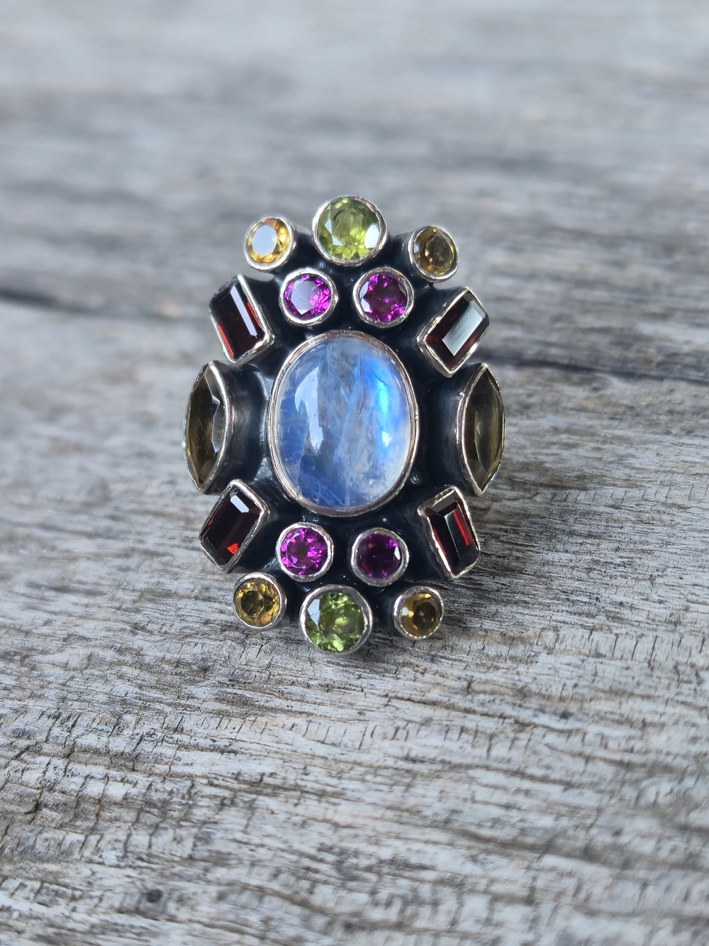Nicky Butler Designer 925 Sterling Silver Moonstone Smoky Quartz Garnet Ring NB